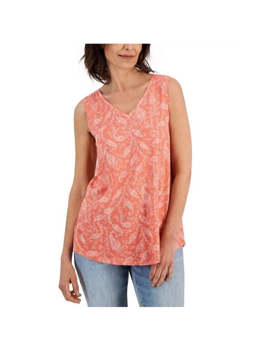 STYLE & CO Women's Printed V-Neck Tank Top Coral Fine Line Size Small
